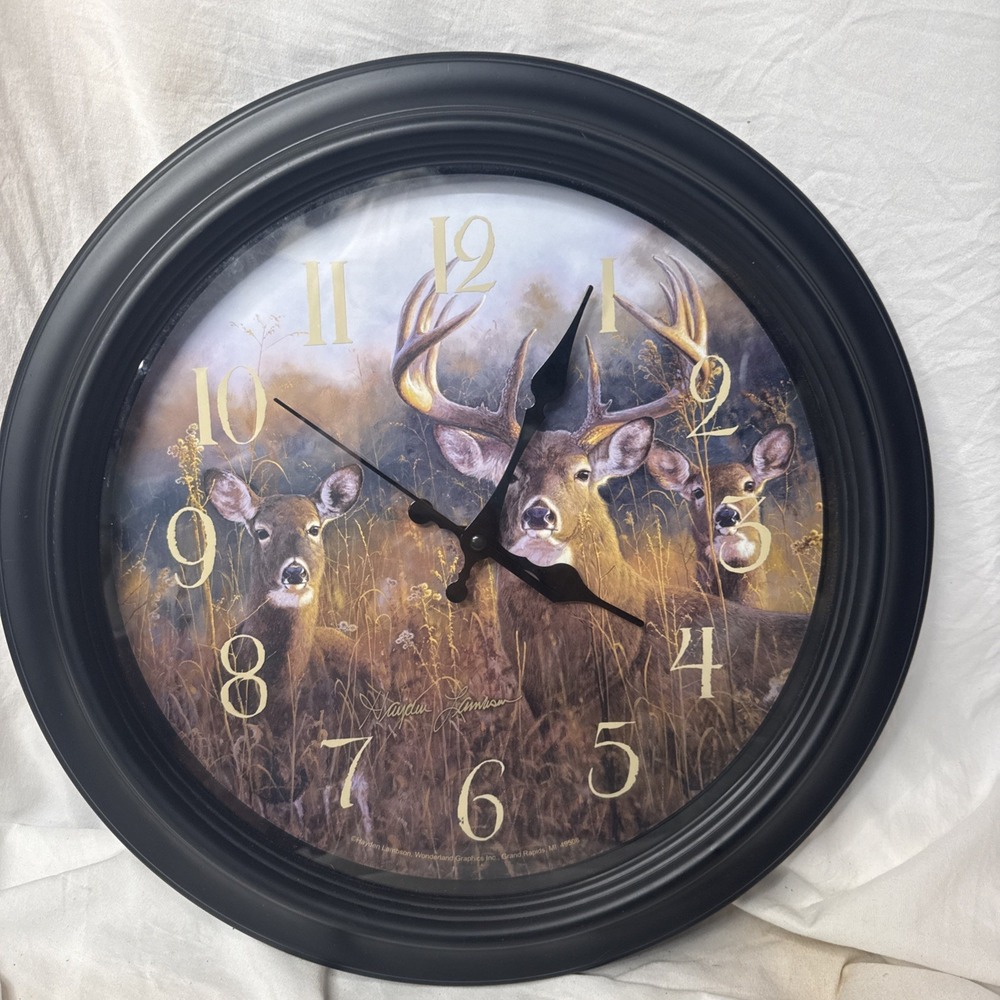 VTG Hayden Lambson Round Deer Wall Clock Buck Doe Hunt Cabin Rustic Lake Farm